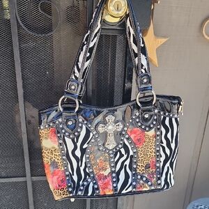 Zebra and Leopard Print Handbag with Floral Accents